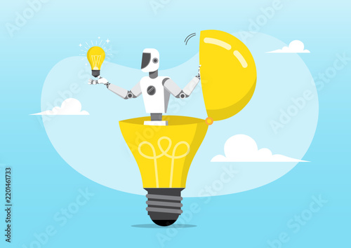 Humanoid Robot Emerging from Giant Light Bulb Holding Idea