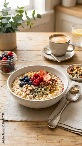 Healthy breakfast oatmeal with fresh berries and nuts