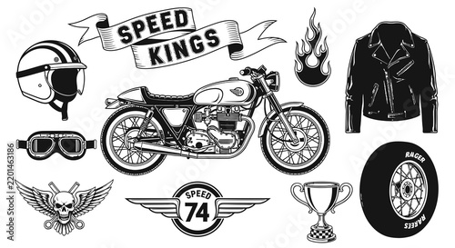 Classic Black and White Speed Kings Motorcycle Vector Elements