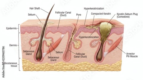 Medical illustration of human skin anatomy showing sebaceous duct clogging