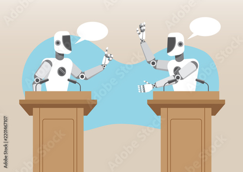 Two Humanoid Robots Debating at Podiums with Microphones