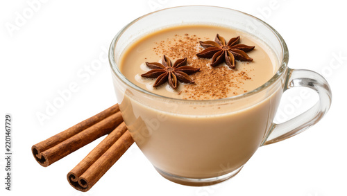 Warm chai tea in a clear glass mug with star anise and cinnamon sticks, isolated on transparent background
