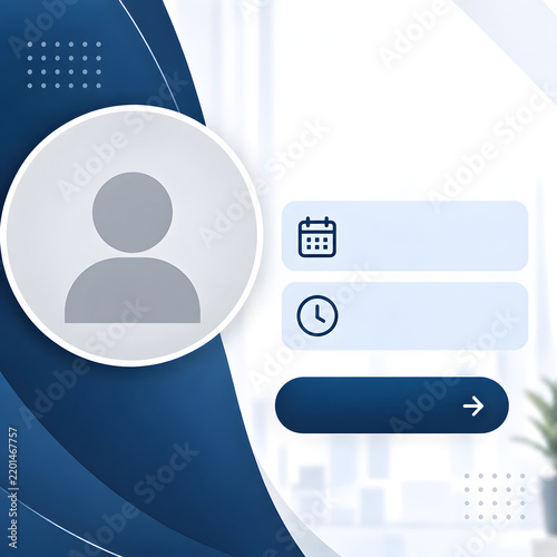 Blue and white webinar announcement layout with avatar, calendar and clock icons