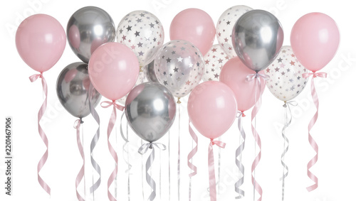 Group of pink and silver balloons with star confetti, isolated on transparent background