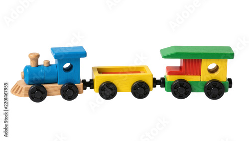 Colorful wooden toy train with blue engine and yellow cargo car, isolated on transparent background