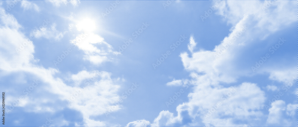 Obraz premium Dotted blue background with white cumulus formations pop art style vector illustration background. Vintage halftone pattern creates retro comic aesthetic perfect for summer poster and graphic project.