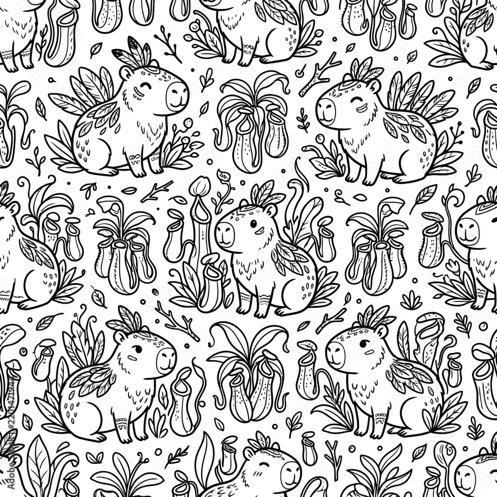 Fototapeta premium Cute Capybara Seamless Pattern with Tropical Plants, Kawaii Line Art