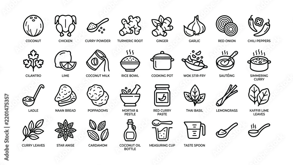 Fototapeta premium A set of hand drawn style culinary icons representing essential Thai and Indian curry cooking ingredients and kitchen tools