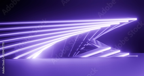 Abstact architecture background building geometric shape glowing purple in black space 3d render