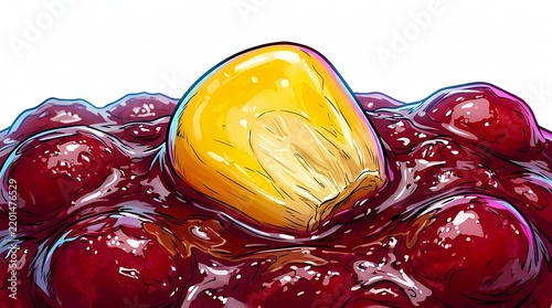 Extreme Macro Illustration of a Single Vibrant Yellow Corn Kernel Partially Submerged in Glossy Red Jam or Sweet Bean Paste, Creative Food Art Featuring Bold Lines and Cell-Shaded Textures
