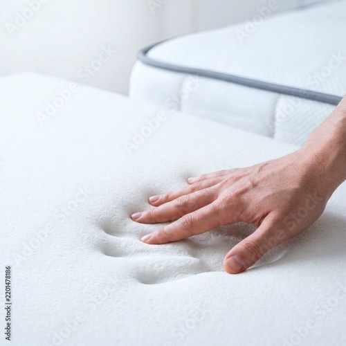 Hand pressing white memory foam mattress to test softness and quality