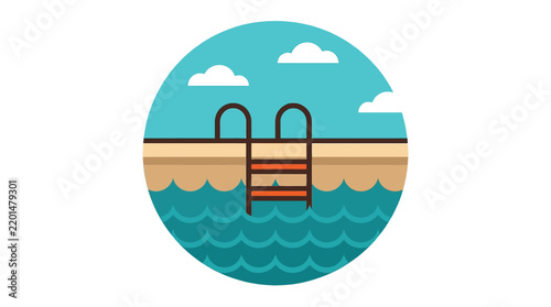 Swimming pool ladder icon featuring bright blue water and puffy white clouds in flat vector style
