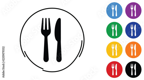 Minimalist dining icon set featuring fork and knife symbols displayed in various colorful circular background frames