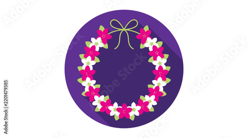 Decorative floral lei garland featuring vibrant pink and white plumeria blossoms arranged in circular festive design