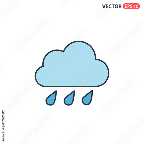 Simple light blue cloud with three falling raindrops, vector graphic, weather icon, isolated on white background