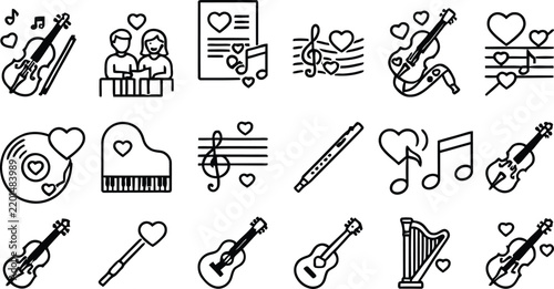 Vector line icon set of romantic music romance love melody violin bow couple piano grand piano harp acoustic guitar flute vinyl record sheet music dashboard widgets UI design templates symbols.