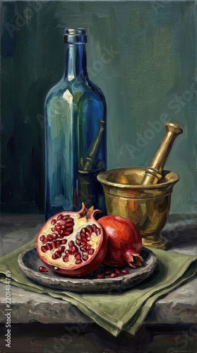 Still life painting of a halved pomegranate, blue bottle, and brass mortar