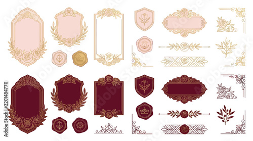 Ornate Floral Frames & Emblems - Burgundy & Gold Design Elements