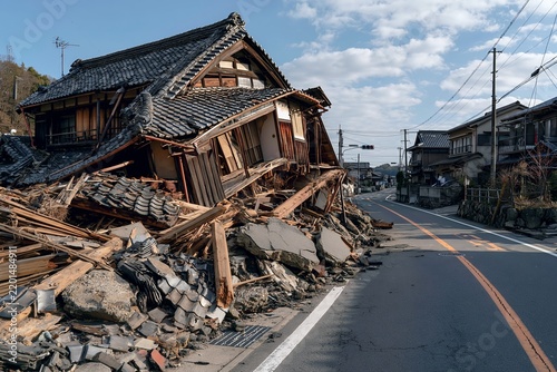 Fototapeta 震災被害で家屋が倒壊し瓦礫で塞がれた道路の様子