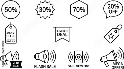 Vector line icon set of sale discount badges tags percentage offer labels mega sale flash sale promotion banner megaphone speaker dashboard widgets UI design templates symbols.