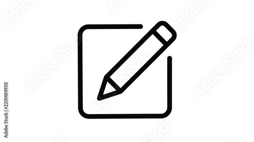 Minimalist black outline icon featuring a simple pencil sketching on a square paper note symbol design