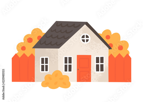 Cute autumn house. Vector illustration in flat style on white background. Cartoon building with yellow trees. 