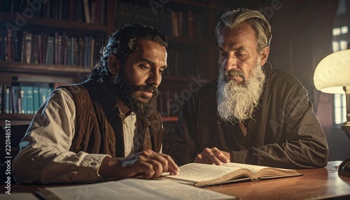 Two men in a library studying a book under lamplight