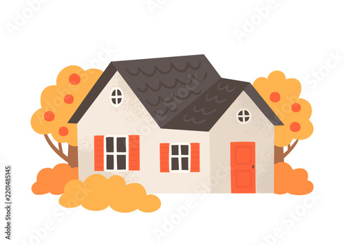 Cute autumn house. Vector illustration in flat style on white background. Cartoon building with yellow trees. 