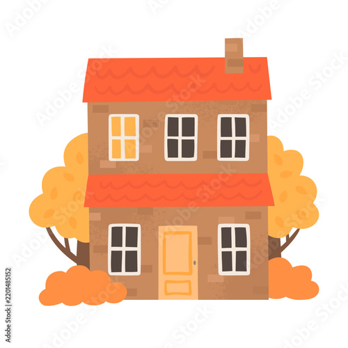 Cute autumn house. Vector illustration in flat style on white background. Cartoon building with yellow trees. 