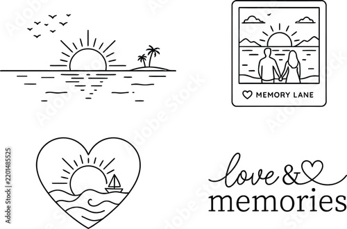 Vector line icon set of sunset landscape ocean horizon polaroid memory photo frame heart sunset sailboat love and memories typography romantic relationship symbols  widgets UI design templates.