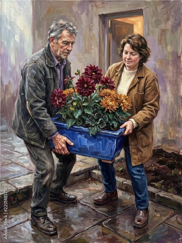 Two adults collaboratively carrying a heavy blue planter filled with vibrant flowering plants