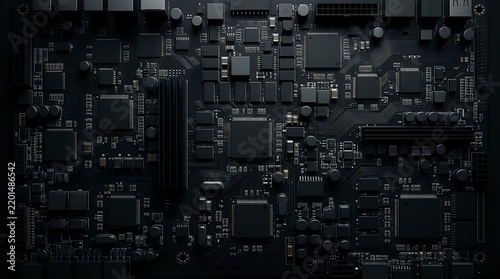 Obraz na płótnie High-tech matte black computer motherboard background with complex electronic components, microchips, and integrated circuits for advanced computing and hardware technology concepts.
