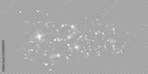 White sparkling glitter and glowing bokeh lights overlay on transparent background. Falling magic dust and stardust particles banner for Christmas and holiday design