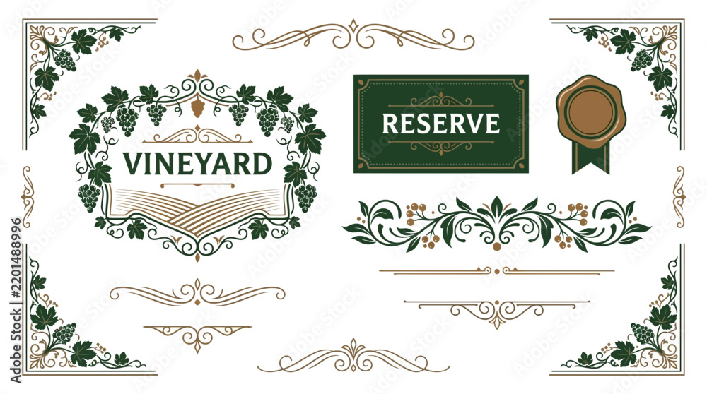 Obraz premium Vineyard Reserve Decorative Elements: Grapes, Ornate Borders, Wax Seal