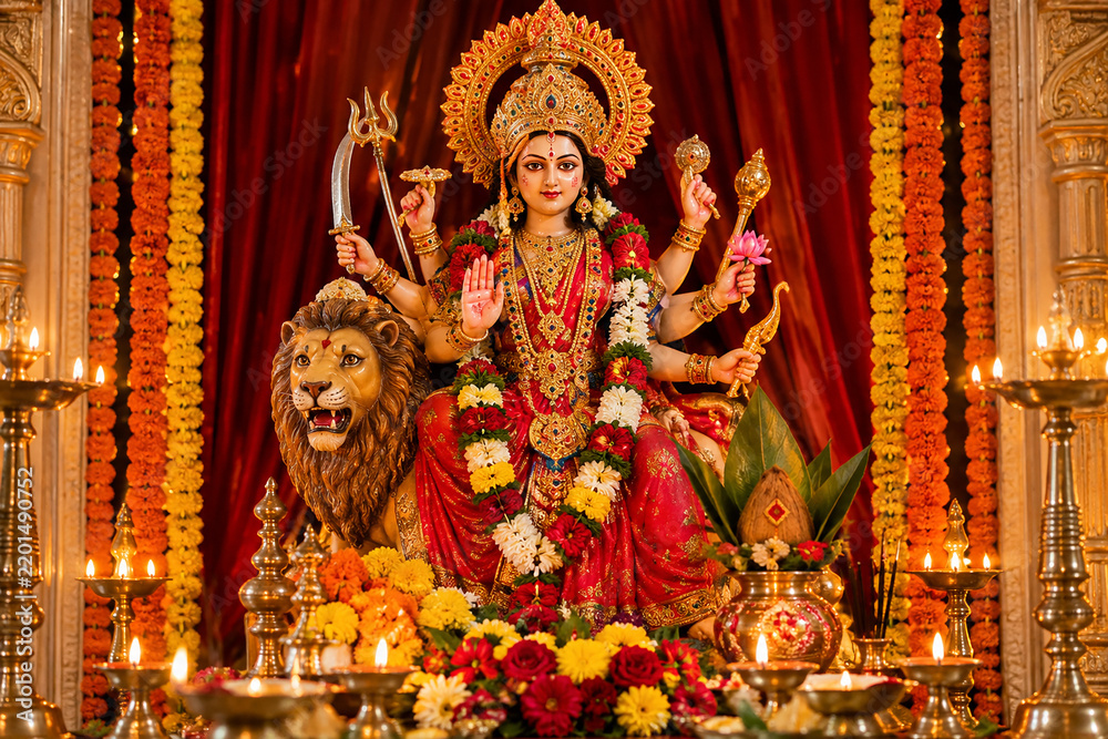 Fototapeta premium Radiant Goddess Durga Idol Decorated with Flowers and Glowing Diyas for Navratri Celebration