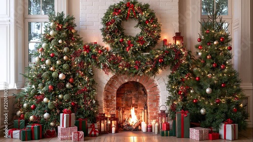 A cozy Christmas living room featuring two decorated evergreen trees, a glowing fireplace, festive wreaths and garlands, stockings, candles, and an abundance of wrapped gifts. 