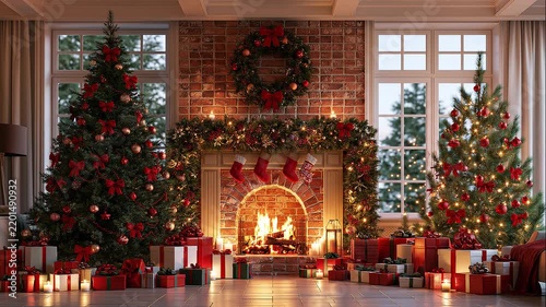 A cozy Christmas living room featuring two decorated evergreen trees, a glowing fireplace, festive wreaths and garlands, stockings, candles, and an abundance of wrapped gifts. 