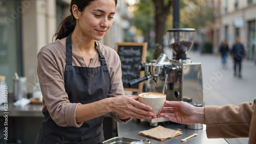 Friendly barista serving steaming latte with professional latte art to customer at outdoor coffee stand with depicts smiling barista apron handing steaming