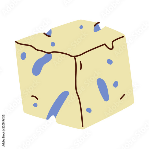 Yellow cheese cube with holes and rind details isolated vector illustration