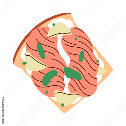Top view isolated open sandwich with salmon slices and garnish vector illustration