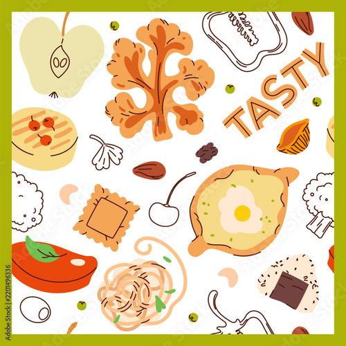 Seamless tasty food pattern with chicken, pasta, broccoli, apple, and pastry vector illustration