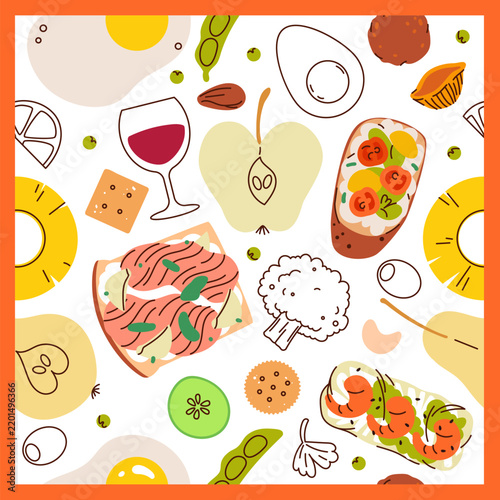 Assorted food items with toast fruit vegetables and wine on white isolated vector illustration
