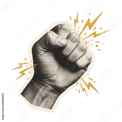 Cuadro en lienzo Retro halftone fist sticker with yellow lightning bolts design represents power