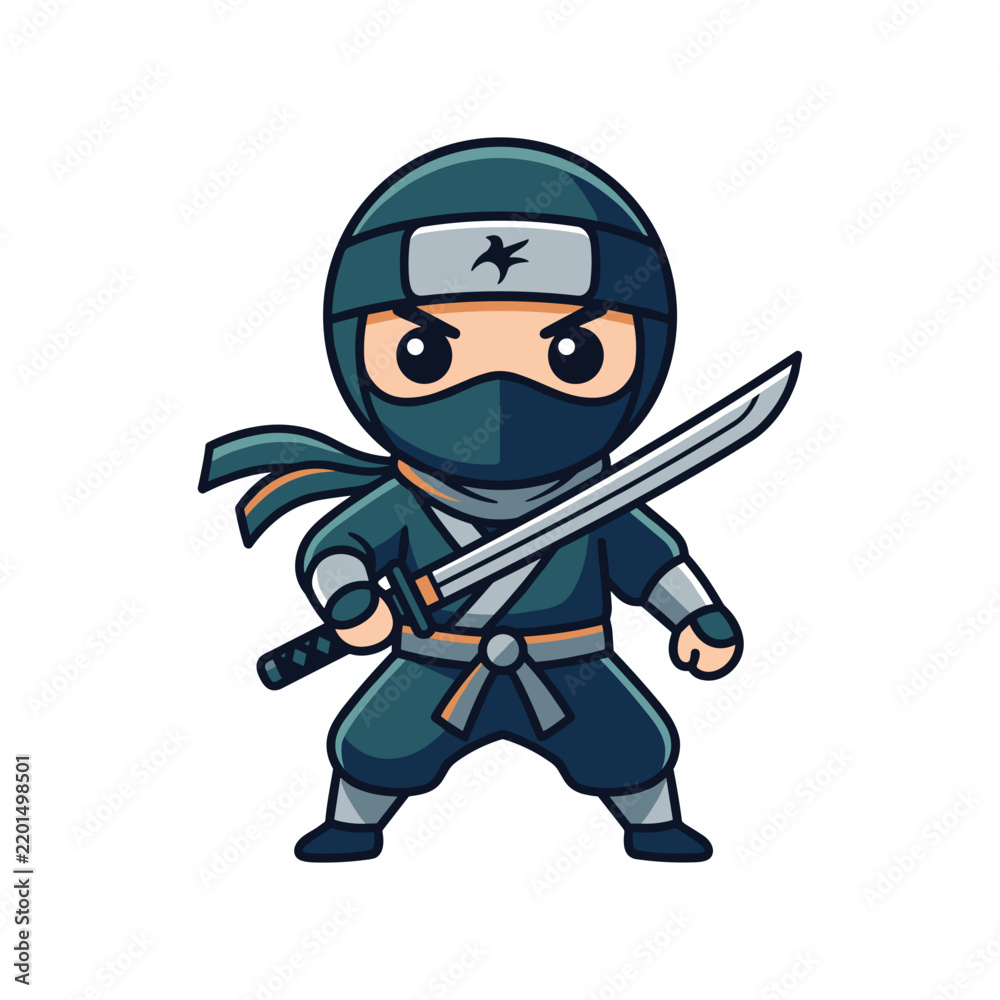 Fototapeta premium Cute cartoon ninja character holding a katana sword in dynamic pose