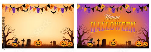 Festive Halloween background with pumpkins, bats, graveyard, witch and colorful bunting, with spacious copy area for seasonal designs.