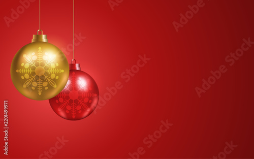Elegant Christmas Background with Red and Gold Hanging Ornaments and Copy Space for promotional and advertisement.