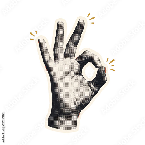 Fotografie Retro halftone sticker of hand showing ok gesture with yellow dynamic motion lin