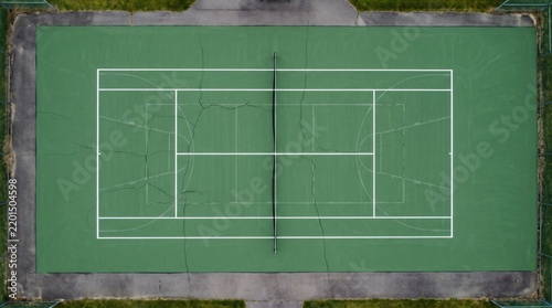 Resurfacing Concept: Aerial View of Faded Old Markings Showing Through a Repainted Tennis Court