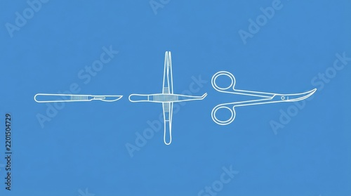 Set of medical surgical instruments including a scalpel, forceps, and scissors on a blue background