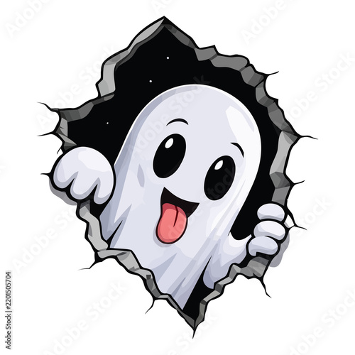 Cute cartoon ghost character peeking through a cracked wall hole